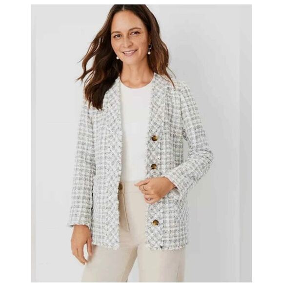 New NWT ANN TAYLOR Fringe Tweed Cardigan Jacket Blazer in Brown Cream Size 16 - Picture 1 of 11